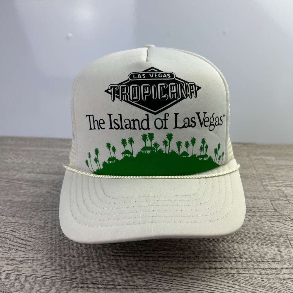 Vintage 90s Tropicana Las Vegas Trucker Hat Cap Snap Back‎ Adjustable White Rope